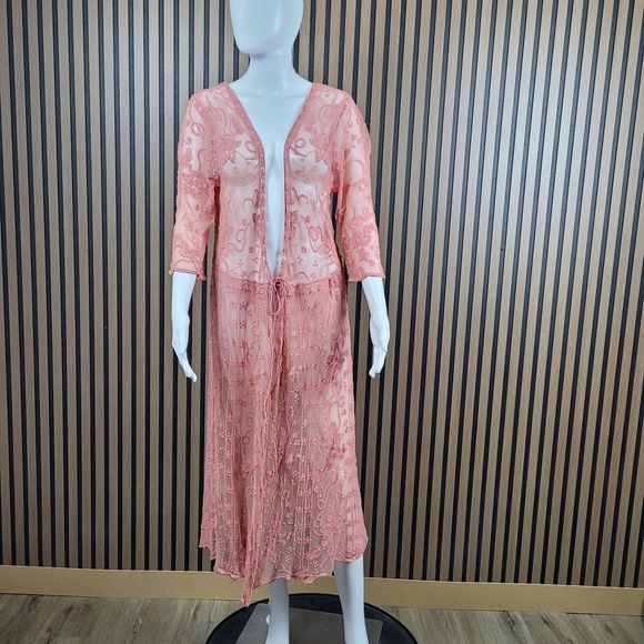 Indigo Poppy Sweaters - Indigo Poppy Duster Cardigan Floral Embroidered Sheer Mesh Coral L/XL